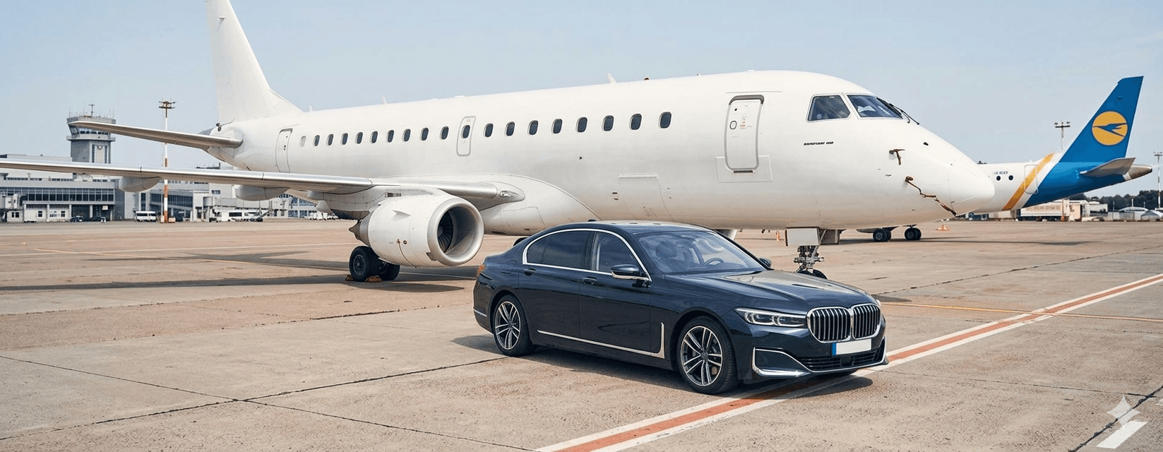 Luxury sedan at airport drop-off curb during holiday travel